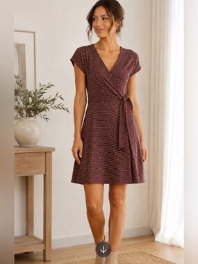 Za Zen Midi Dress Chevron V Neck Tie Waist Stretch Brown Gold Red Women’s L